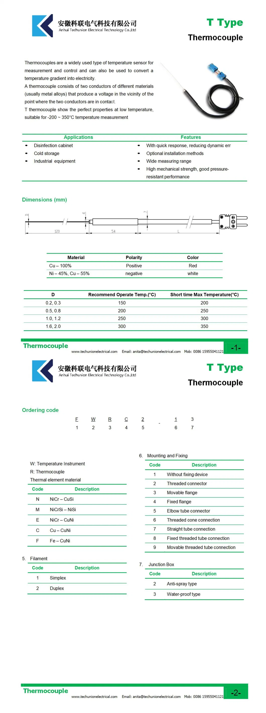 Type K Sensor Long Probe Rtd PT100 Temperature Sensor for Medical Instrument Type T Thermocouple